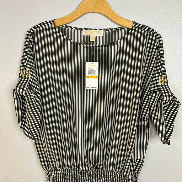 NWT - Michael Kors Olive Green Striped Dolman Sleeve Blouse –Size S MSRP $110 - Picture 5 of 9